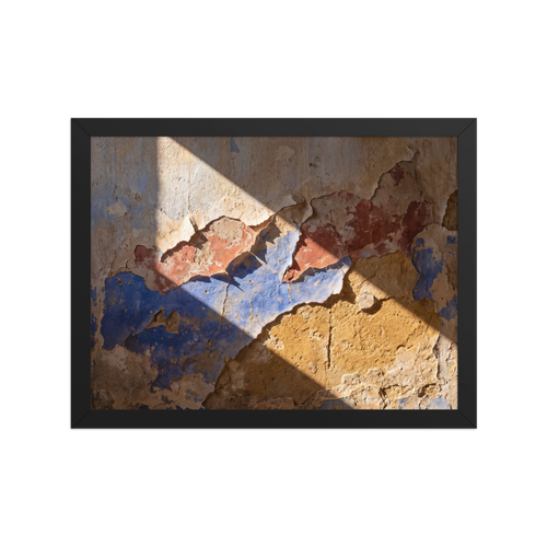 'Palimpsest in Sunlight' — a Art photography print. A photographic study of peeling plaster wall showing layers of blue, red, and ochre paint under bright diagonal sunlight, suitable for a rustic or modern living room.