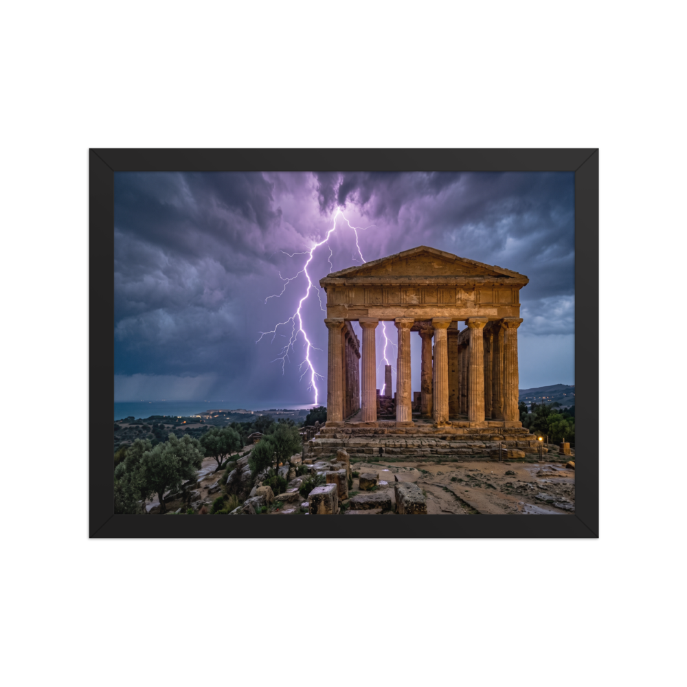 'Wrath of Olympus' — a Art photography print. A breathtaking photograph of violet lightning bolts striking behind an ancient classical temple ruin overlooking the sea, perfect for a dramatic study or living room.