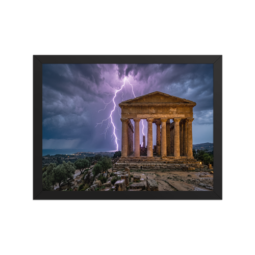 'Wrath of Olympus' — a Art photography print. A breathtaking photograph of violet lightning bolts striking behind an ancient classical temple ruin overlooking the sea, perfect for a dramatic study or living room.