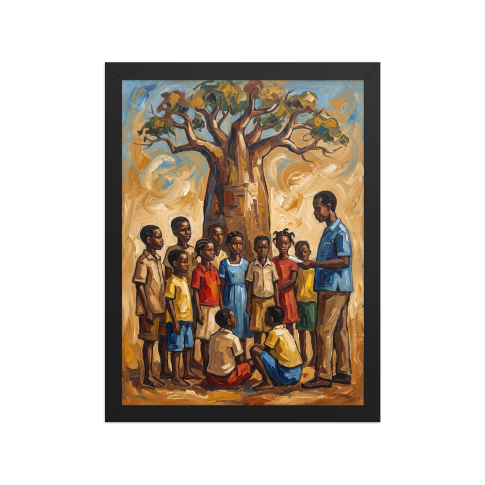 'Baobab Lessons' — a Expressionism,Figurative art print. An expressive oil painting of a teacher and children gathered under a large baobab tree, making inspiring living room or school classroom wall art.