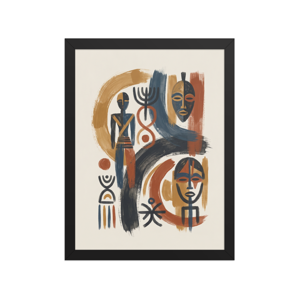 'Ancestral Rhythms' — a Abstract art,Modernism print. A striking abstract composition of African masks and ancestral motifs in terracotta and indigo, making a powerful focal point for living room or entryway decor.