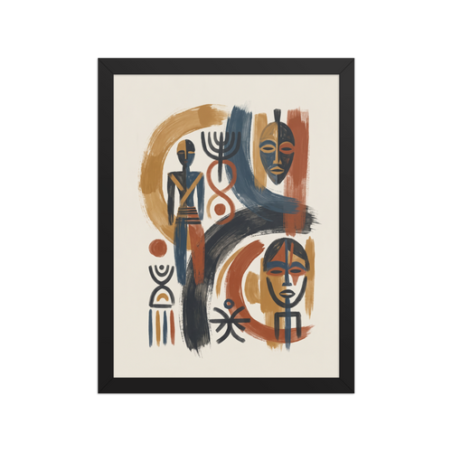 'Ancestral Rhythms' — a Abstract art,Modernism print. A striking abstract composition of African masks and ancestral motifs in terracotta and indigo, making a powerful focal point for living room or entryway decor.