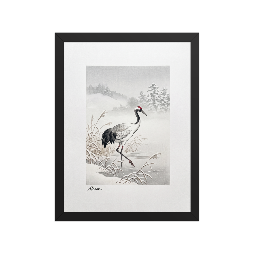 'Crane in the Frost' — a Shin hanga print. A red-crowned crane wades through a snow-covered winter marsh near frosted pine hills, adding a calm atmosphere to a bedroom.