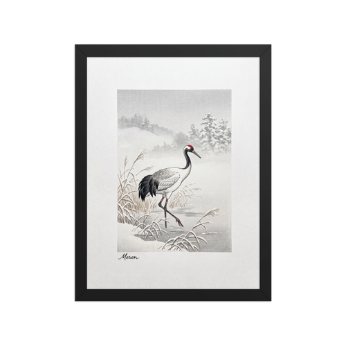 'Crane in the Frost' — a Shin hanga print. A red-crowned crane wades through a snow-covered winter marsh near frosted pine hills, adding a calm atmosphere to a bedroom.