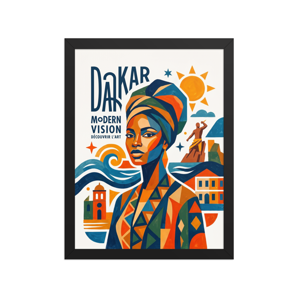 'Dakar Modern Vision' — a Dakar School,Cubism print. A vibrant geometric poster print celebrating Dakar with a portrait of an elegant woman, ocean waves, and stylized typography, perfect for office or living room wall art.