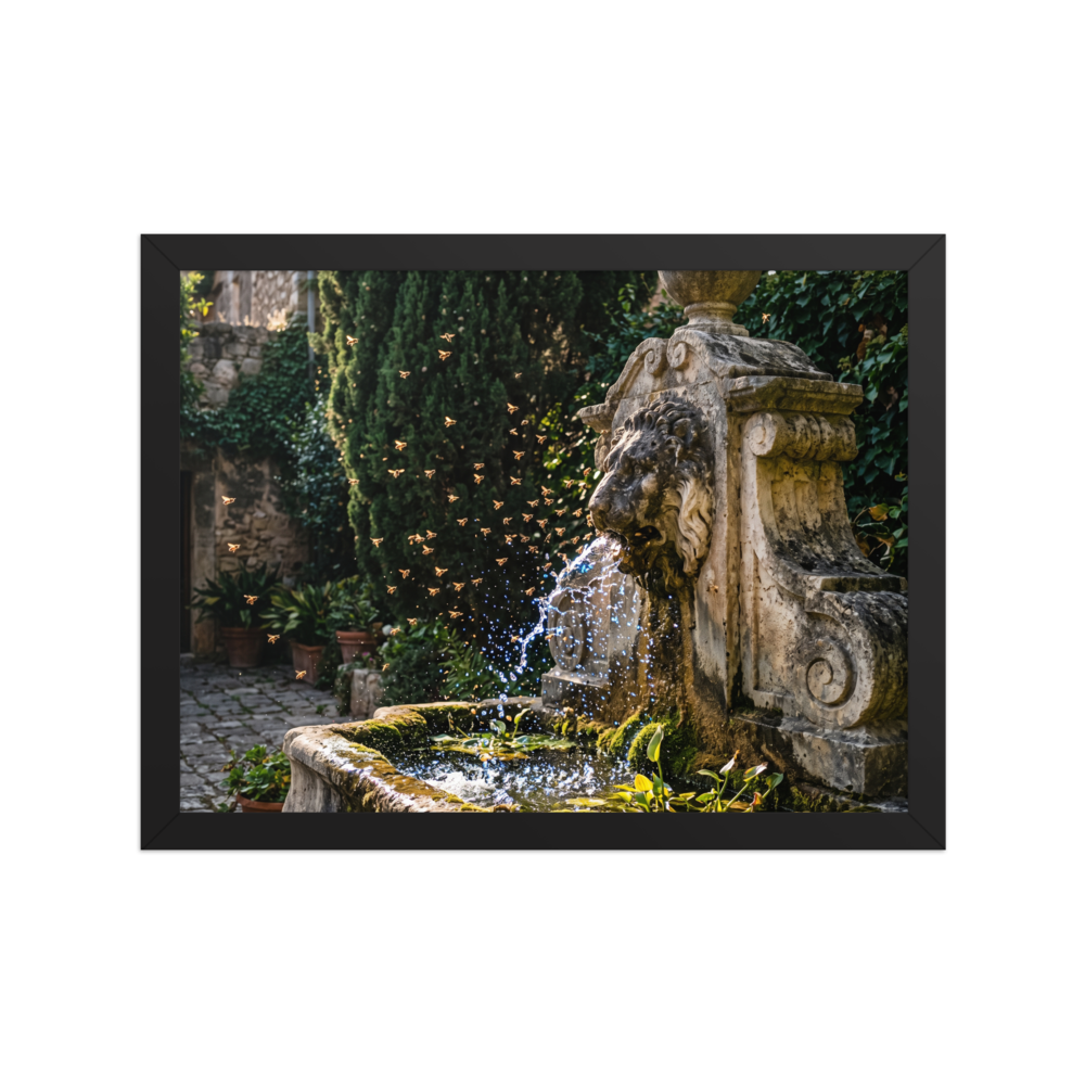 'Fountain of the Swarm' — a Art photography print. A photograph capturing golden bees flying around a splashing antique stone lion fountain in a sunlit garden, ideal for a sunroom or living room.