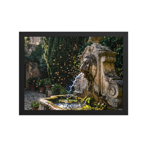 'Fountain of the Swarm' — a Art photography print. A photograph capturing golden bees flying around a splashing antique stone lion fountain in a sunlit garden, ideal for a sunroom or living room.