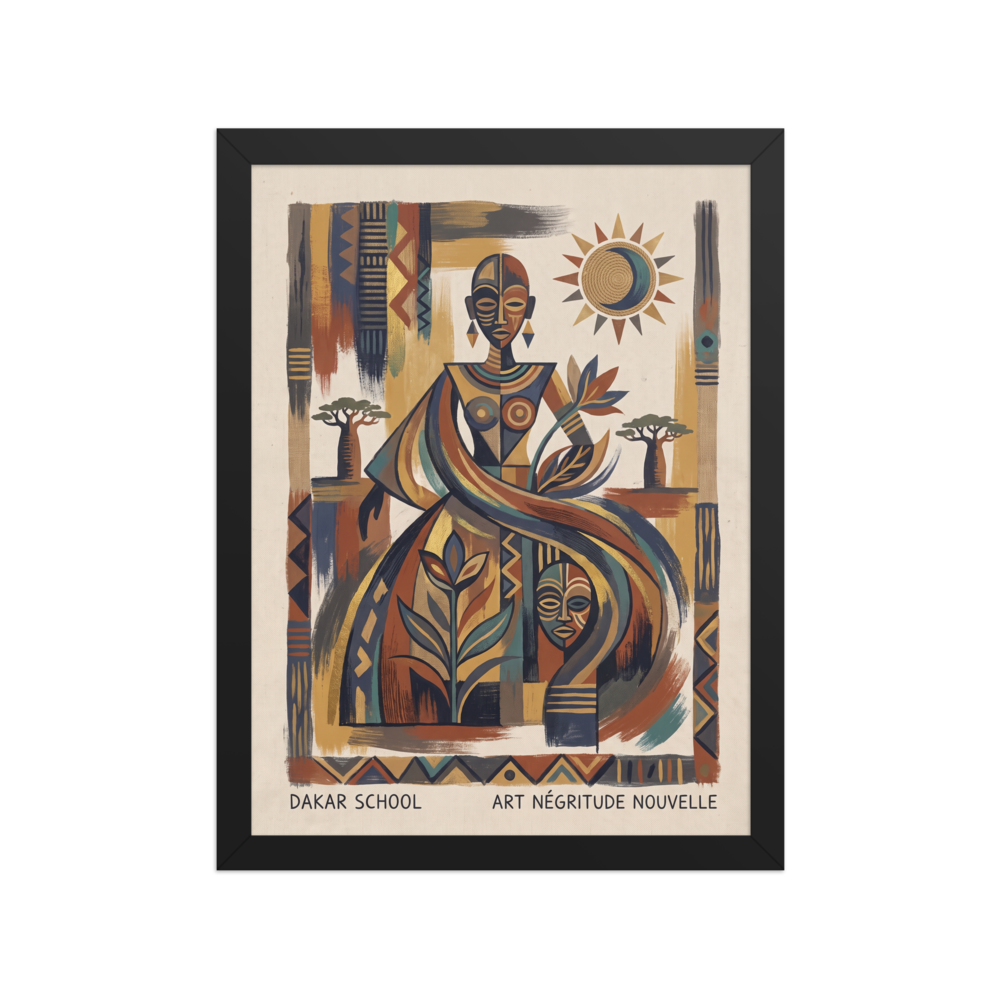 'Spirit of Négritude' — a Dakar School,Modernism print. A geometric Dakar School art print celebrating African Négritude with an elegant figure and ancestral symbols, making meaningful living room or library wall art.