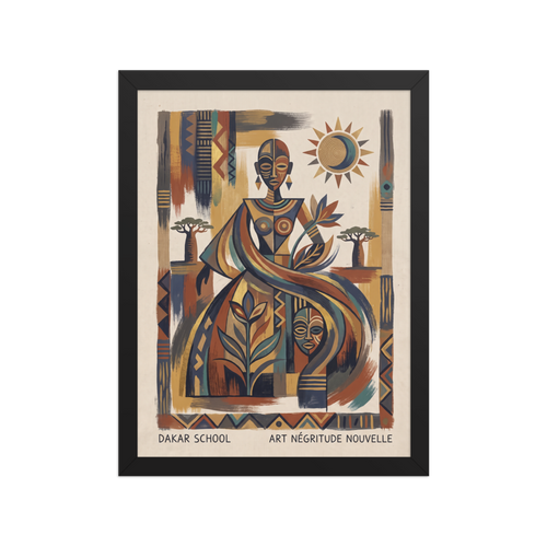 'Spirit of Négritude' — a Dakar School,Modernism print. A geometric Dakar School art print celebrating African Négritude with an elegant figure and ancestral symbols, making meaningful living room or library wall art.