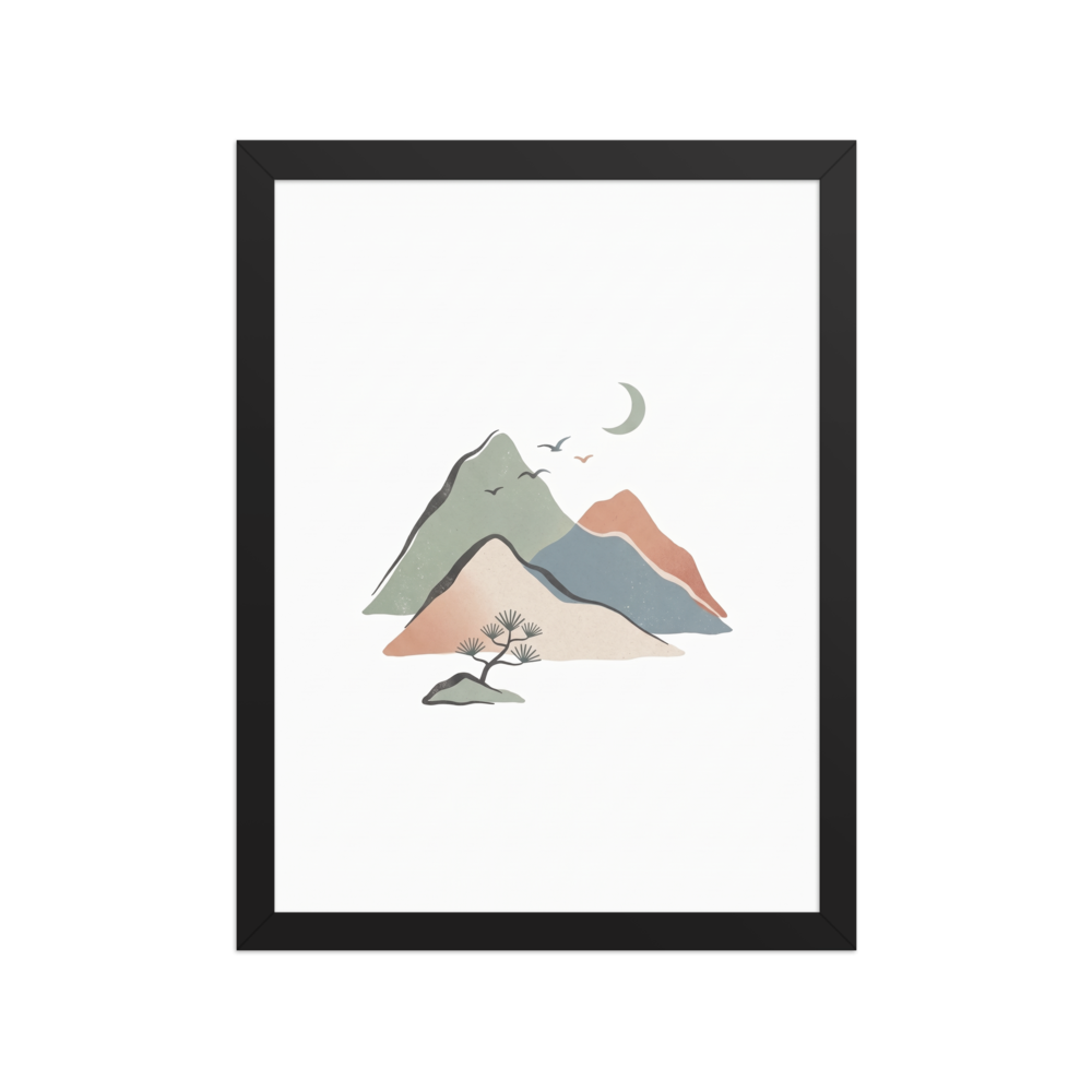 'Mountain Solace' — a Shin hanga print. A minimalist landscape of layered mountains in sage green and terracotta beneath a crescent moon and a bonsai pine, ideal for bedroom wall art.