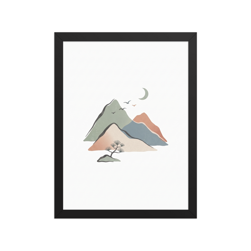 'Mountain Solace' — a Shin hanga print. A minimalist landscape of layered mountains in sage green and terracotta beneath a crescent moon and a bonsai pine, ideal for bedroom wall art.