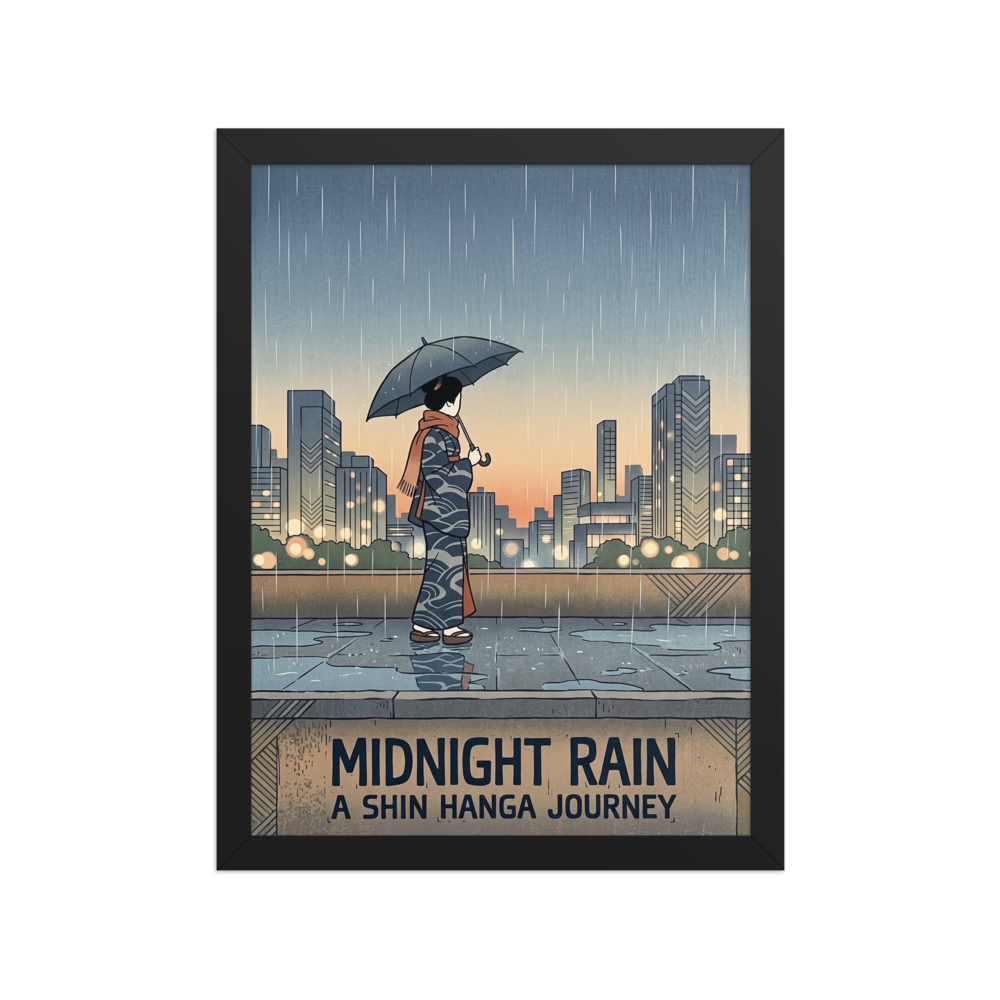 'Midnight Rain' — a Shin hanga print. A woman holding an umbrella stands on a terrace looking toward a rainy city skyline at dusk above typography reading Midnight Rain, perfect for a living room.