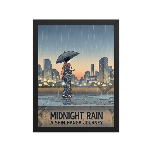 'Midnight Rain' — a Shin hanga print. A woman holding an umbrella stands on a terrace looking toward a rainy city skyline at dusk above typography reading Midnight Rain, perfect for a living room.