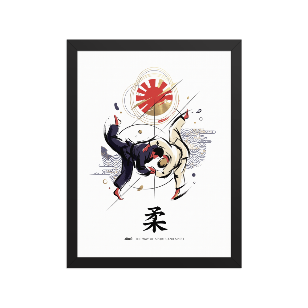 'Way of Judo' — a Shin hanga print. A dynamic illustration of two Judo martial artists executing a throw beneath a red and gold sun emblem, ideal for gym wall art.