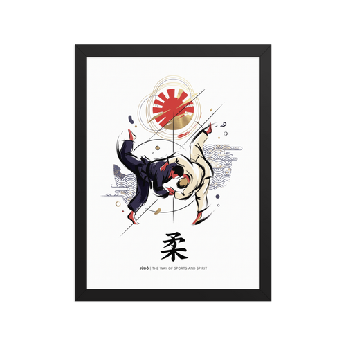 'Way of Judo' — a Shin hanga print. A dynamic illustration of two Judo martial artists executing a throw beneath a red and gold sun emblem, ideal for gym wall art.