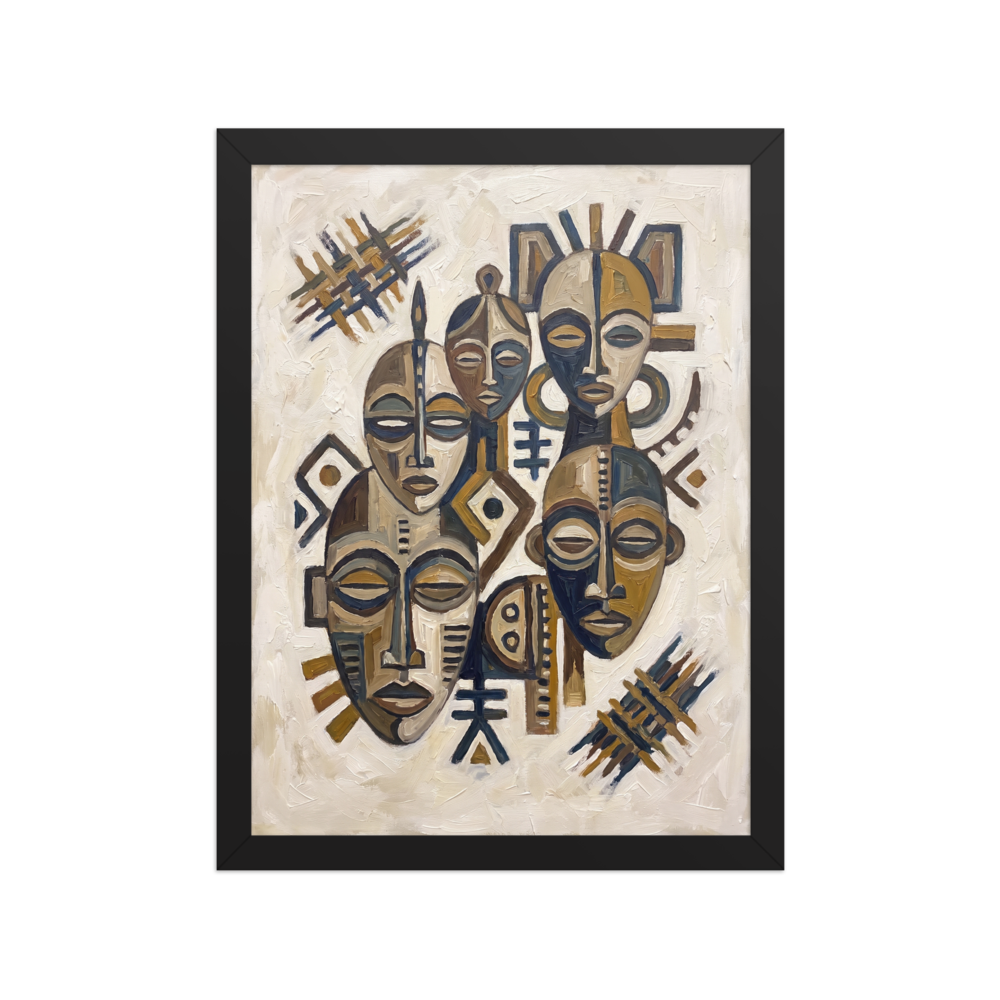 'Guardians of Tradition' — a Primitivism,Cubism print. A textured oil painting featuring an assemblage of serene African masks in earthy brown and slate tones, making impactful living room or entryway wall art.
