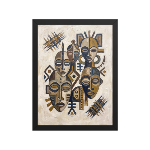 'Guardians of Tradition' — a Primitivism,Cubism print. A textured oil painting featuring an assemblage of serene African masks in earthy brown and slate tones, making impactful living room or entryway wall art.