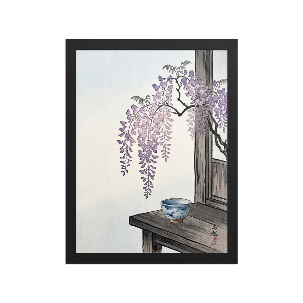 'Wisteria and Tea' — a Shin hanga print. Cascading purple wisteria blossoms hang above a traditional blue ceramic tea bowl on a rustic wooden table, ideal for a serene dining room.