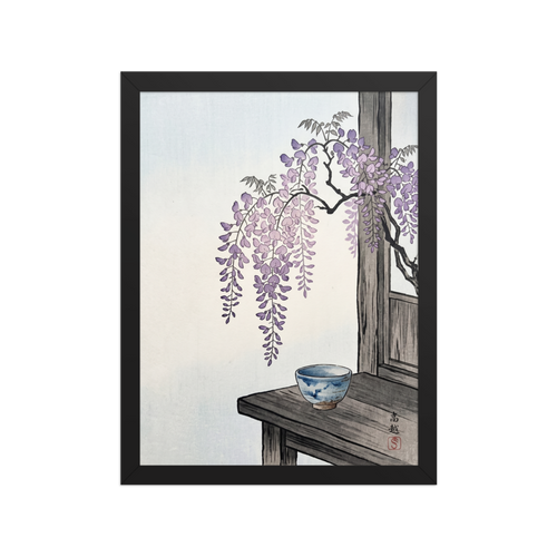 'Wisteria and Tea' — a Shin hanga print. Cascading purple wisteria blossoms hang above a traditional blue ceramic tea bowl on a rustic wooden table, ideal for a serene dining room.