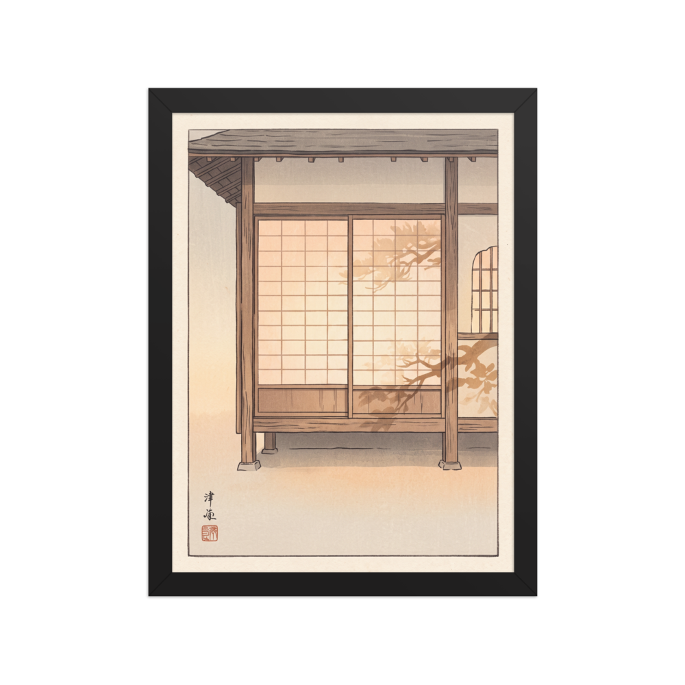 'Shadows on Shoji' — a Shin hanga print. Pine branch silhouettes cast shadows across glowing paper shoji screens of a Japanese wooden house at sunset, creating a serene mood for a bedroom.
