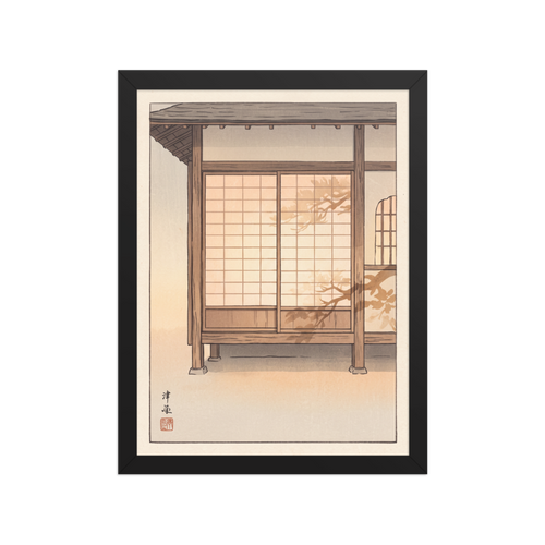 'Shadows on Shoji' — a Shin hanga print. Pine branch silhouettes cast shadows across glowing paper shoji screens of a Japanese wooden house at sunset, creating a serene mood for a bedroom.