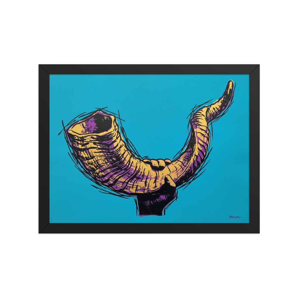 'The Golden Shofar' — a Pop art print. A vibrant pop art illustration of a hand holding a shofar in yellow and purple tones against a bright cyan background, perfect for a modern living room or study.