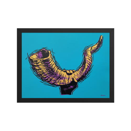 'The Golden Shofar' — a Pop art print. A vibrant pop art illustration of a hand holding a shofar in yellow and purple tones against a bright cyan background, perfect for a modern living room or study.