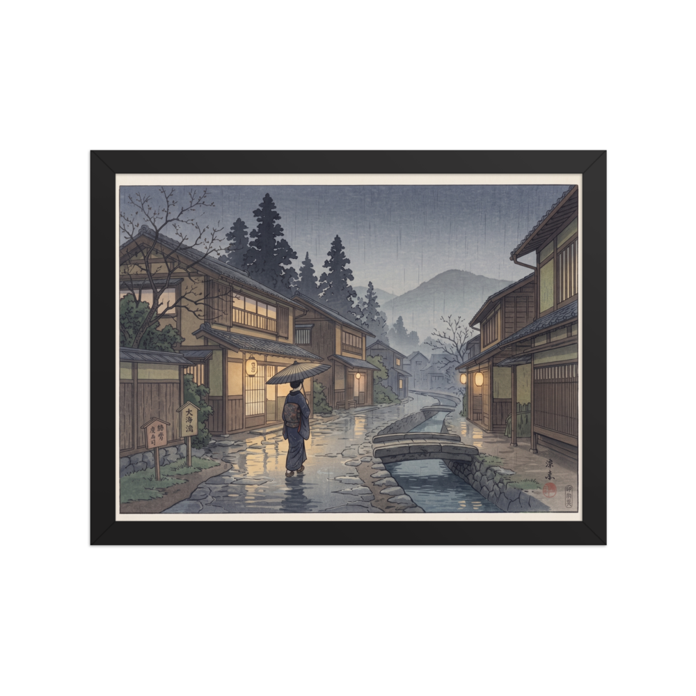 'Rain on Stone Street' — a Shin hanga print. A woman holding an umbrella walks down a rain-glistening cobblestone street beside a canal in a traditional Japanese village at twilight, perfect for a hallway.