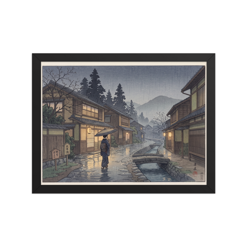 'Rain on Stone Street' — a Shin hanga print. A woman holding an umbrella walks down a rain-glistening cobblestone street beside a canal in a traditional Japanese village at twilight, perfect for a hallway.