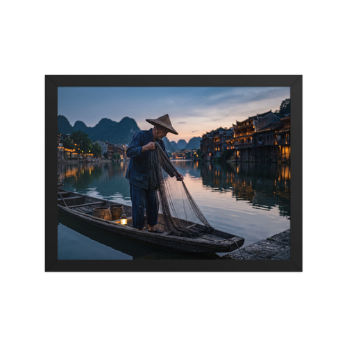 'Twilight River' — a Art photography print. A fisherman gathers his net on a calm river at dusk with illuminated waterfront buildings, creating a serene mood suited for an office.