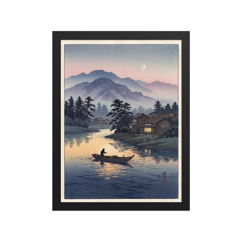'Moonlit River Crossing' — a Shin hanga print. A lone boatman rows across a calm river reflecting twilight colors and warm cabin window light beneath misty mountains, perfect for a living room.