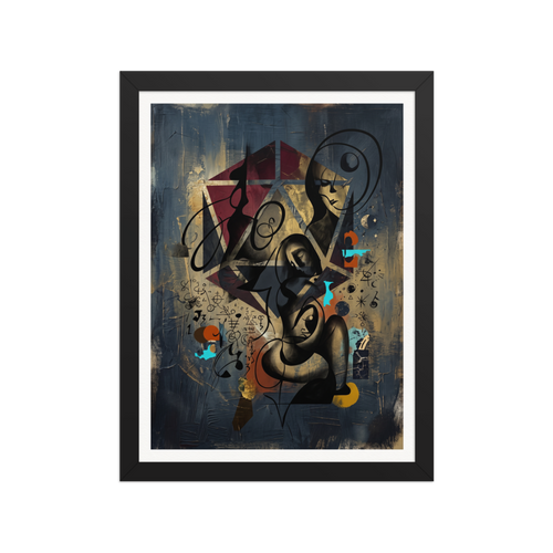 'Alchemist's Embrace' — a Dau-al-Set,Surrealism print. A moody surrealist artwork depicting sculptural figures intertwined with geometric stars and alchemical symbols on a dark indigo background, ideal for creating an intriguing atmosphere in a bedroom or office.
