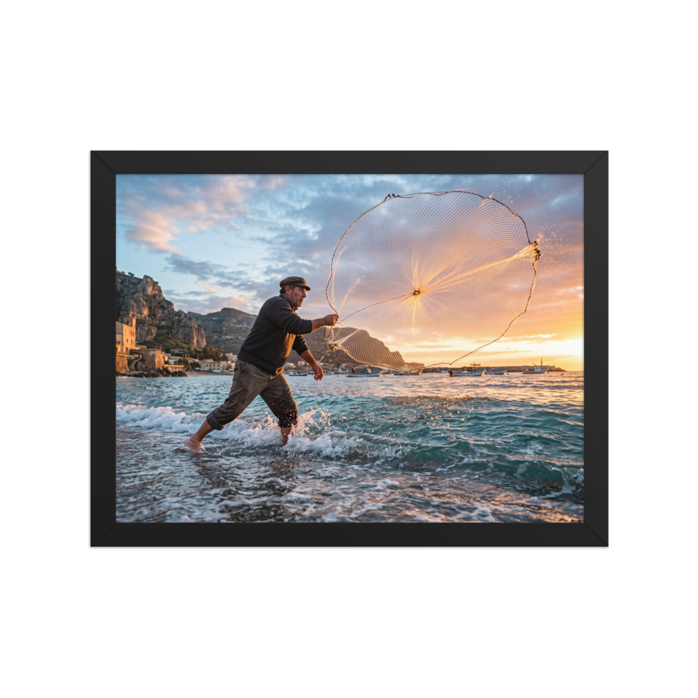 'Casting the Dawn' — a Art photography print. A dynamic photograph of a fisherman casting a circular net that catches golden sunrise light over the sea, ideal for a living room or study.