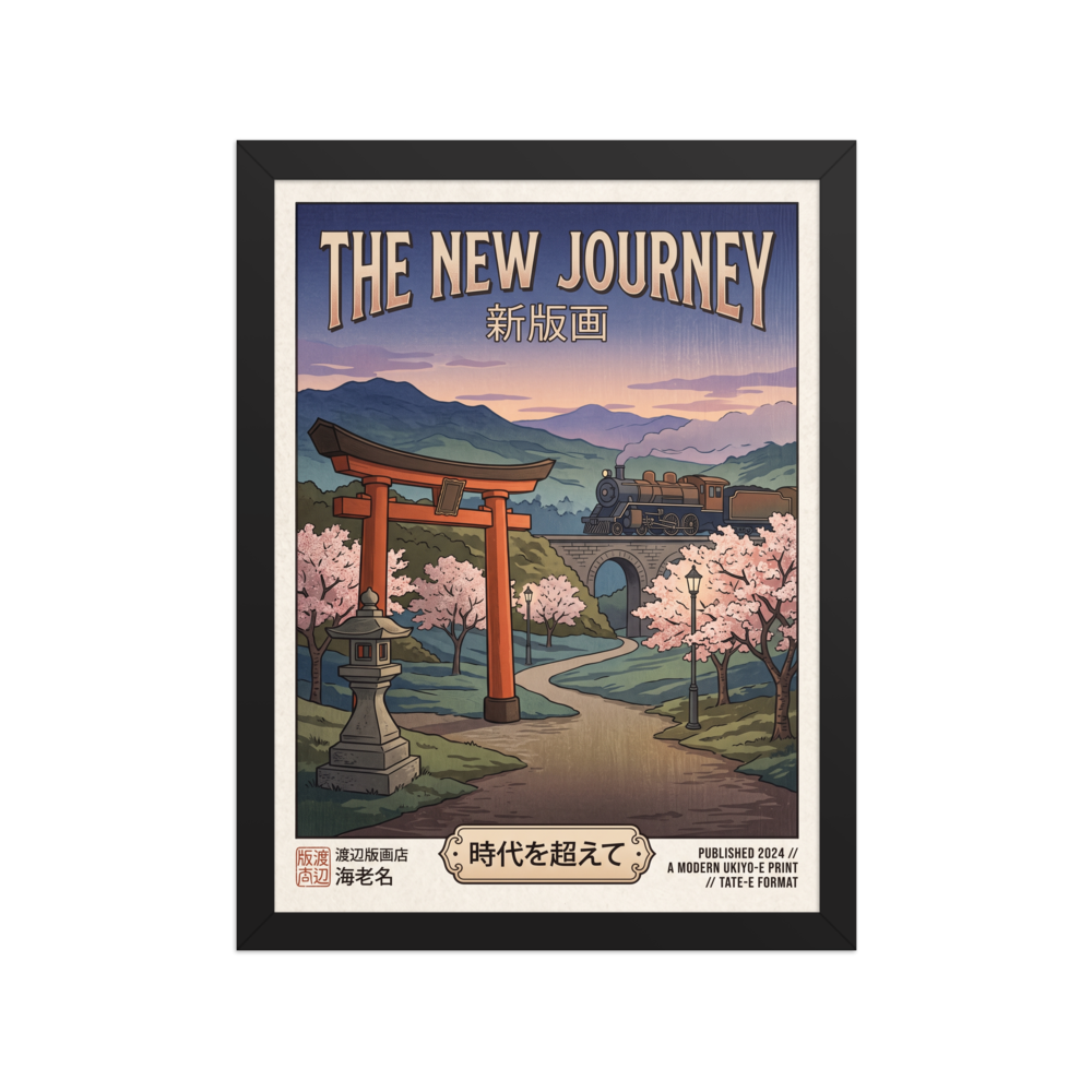 'The New Journey' — a Shin hanga print. A vintage Japanese travel poster titled The New Journey shows a steam locomotive crossing a stone bridge past a red torii gate and cherry blossoms, ideal for an office.