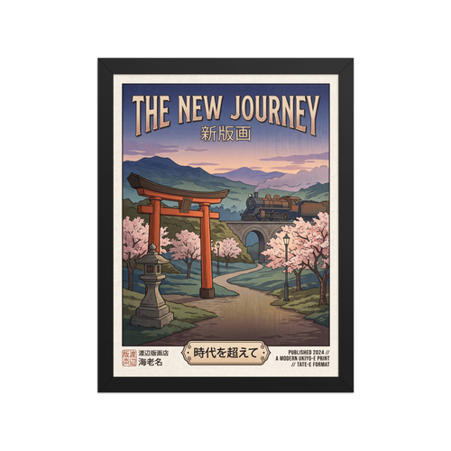 'The New Journey' — a Shin hanga print. A vintage Japanese travel poster titled The New Journey shows a steam locomotive crossing a stone bridge past a red torii gate and cherry blossoms, ideal for an office.