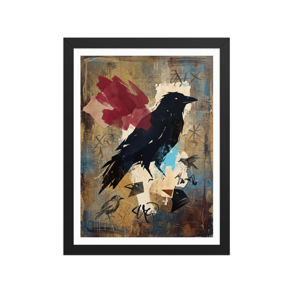 Dau-al-Set wall art exploring animals, 'The Alchemist's Messenger'. A bold mixed-media collage of a black raven silhouette with a red wing and alchemical symbols on textured brown and turquoise paper, perfect for a contemporary office or living room.