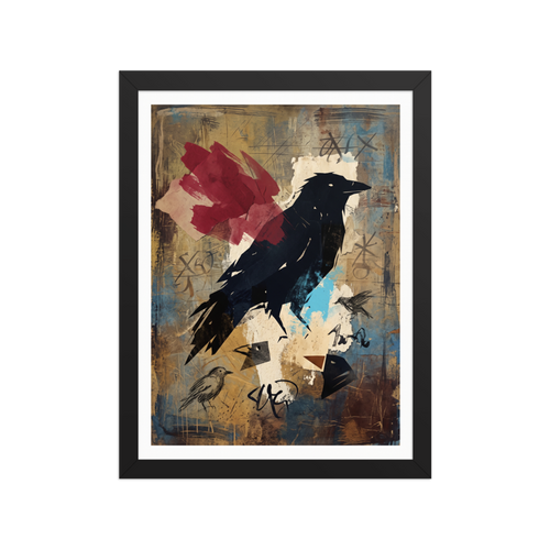 Dau-al-Set wall art exploring animals, 'The Alchemist's Messenger'. A bold mixed-media collage of a black raven silhouette with a red wing and alchemical symbols on textured brown and turquoise paper, perfect for a contemporary office or living room.