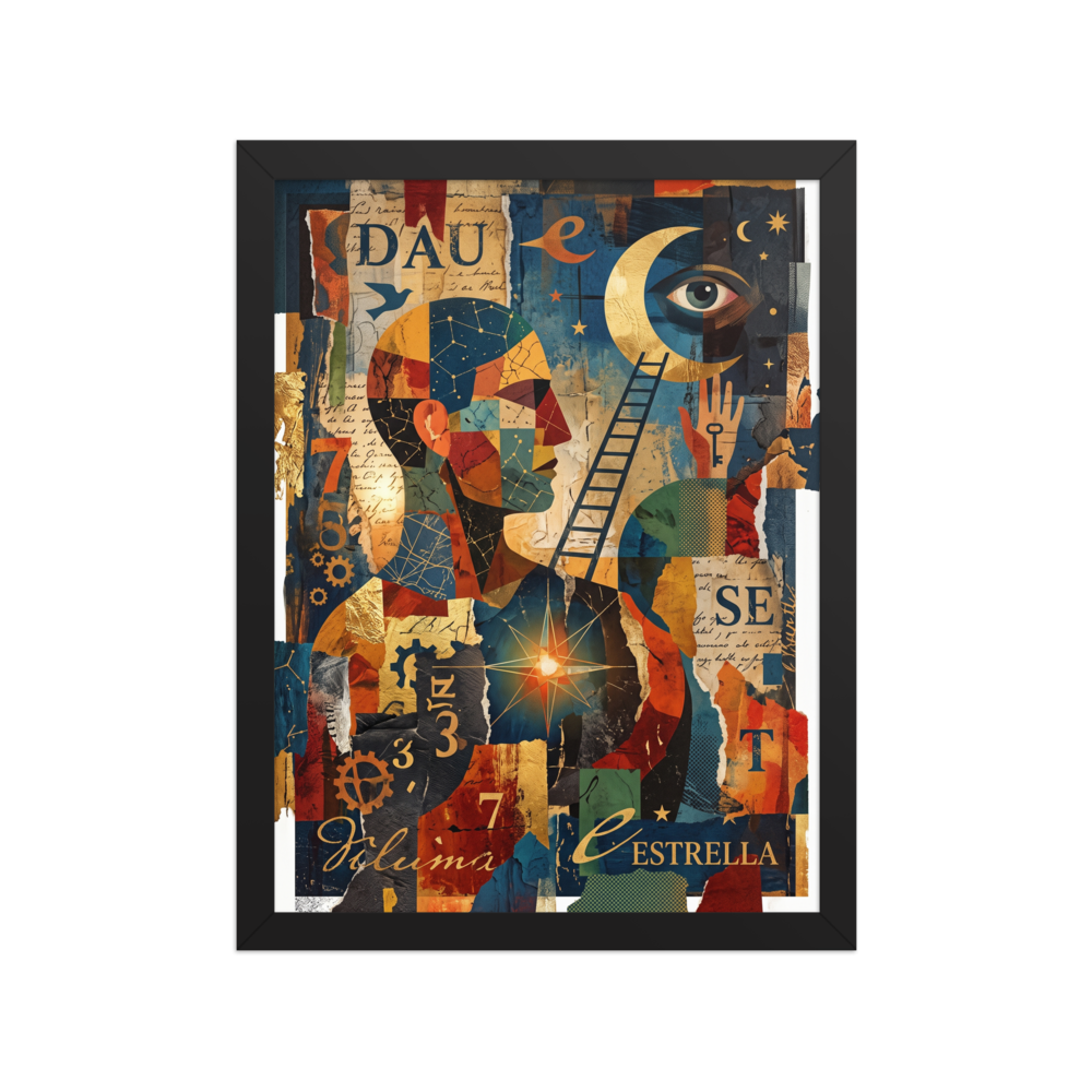 'Ladder to the Stars', a Dau-al-Set wall art print. A rich surrealist collage featuring a geometric human figure, a golden crescent moon with an eye, and a ladder reaching into starry skies, ideal for adding depth to a library or living room.