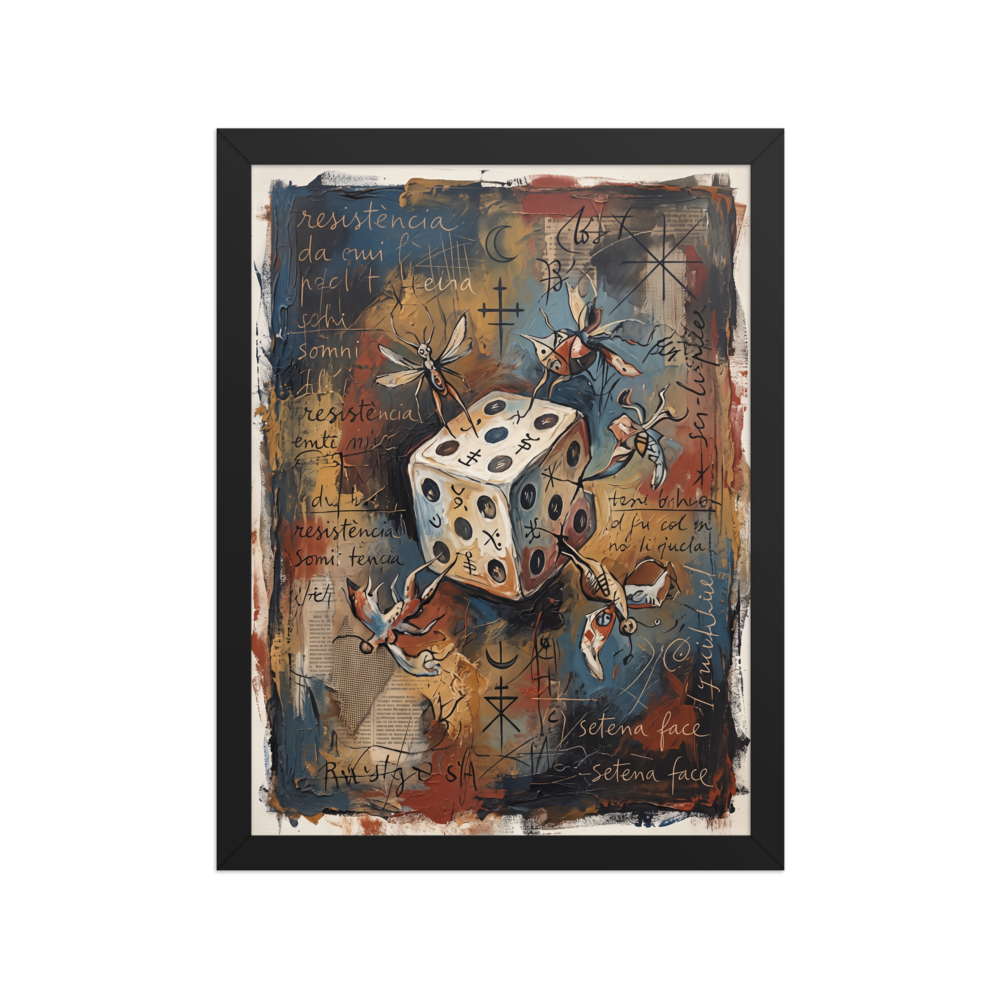 The Dau-al-Set print 'The Seventh Face'. An expressive surrealist oil painting of an alchemical die with winged insect creatures and handwritten script on a rust and blue background, perfect for a lively living room or office.