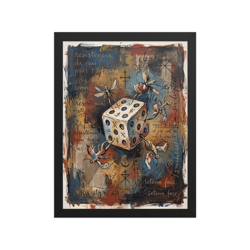 The Dau-al-Set print 'The Seventh Face'. An expressive surrealist oil painting of an alchemical die with winged insect creatures and handwritten script on a rust and blue background, perfect for a lively living room or office.