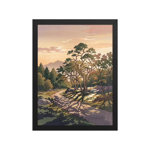 A calmness scene in forest green and rosy brown, 'Dappled Sunset Path'. A winding forest path dappled with tree shadows leads toward distant mountains under a warm peach evening sky, ideal for a tranquil living room.