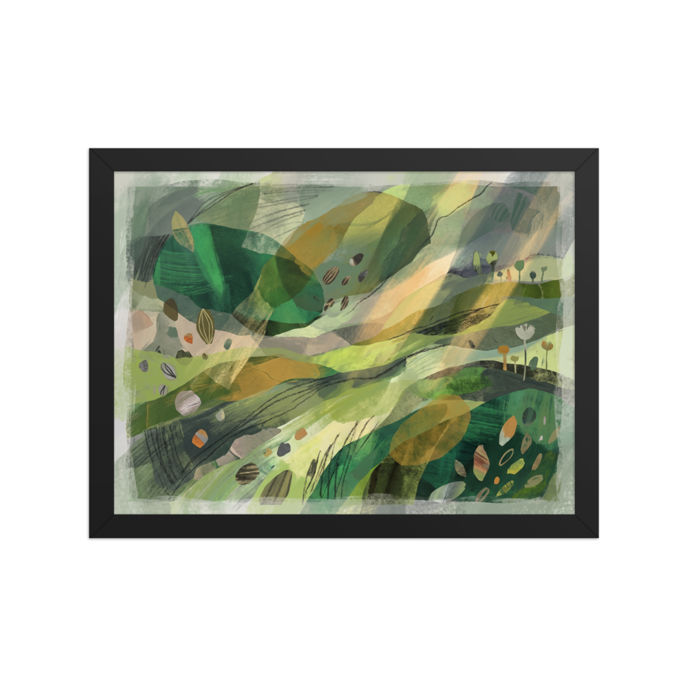 Dau-al-Set wall art exploring landscape, 'Verdant Horizons'. Lush green rolling hills and abstract botanical forms float across layered washes and delicate sketches, making a calming centerpiece for a bedroom.