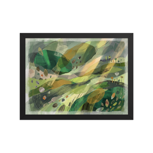 Dau-al-Set wall art exploring landscape, 'Verdant Horizons'. Lush green rolling hills and abstract botanical forms float across layered washes and delicate sketches, making a calming centerpiece for a bedroom.