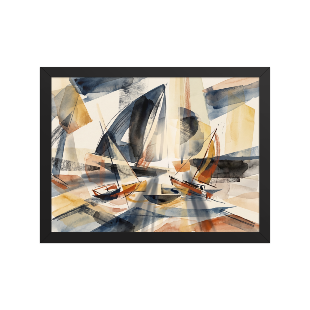 Dau-al-Set wall art, 'Harbor Washes'. Translucent watercolor sails in navy and gold drift across a sunlit harbor, bringing a calm coastal atmosphere to a living room.