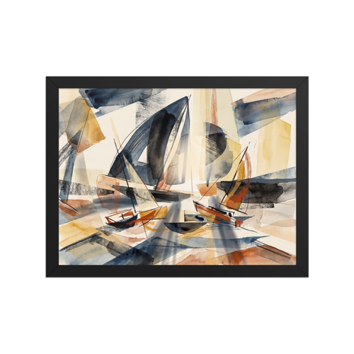 Dau-al-Set wall art, 'Harbor Washes'. Translucent watercolor sails in navy and gold drift across a sunlit harbor, bringing a calm coastal atmosphere to a living room.