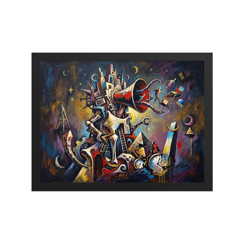 A surrealist tower with a giant red horn releases figures into a cosmic night sky above broken clocks, creating an inspiring centerpiece for an office. Shown here as the Dau-al-Set print 'Tower of Dreams'.