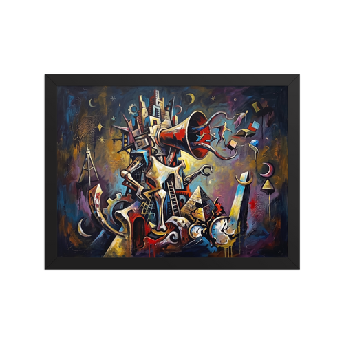 A surrealist tower with a giant red horn releases figures into a cosmic night sky above broken clocks, creating an inspiring centerpiece for an office. Shown here as the Dau-al-Set print 'Tower of Dreams'.