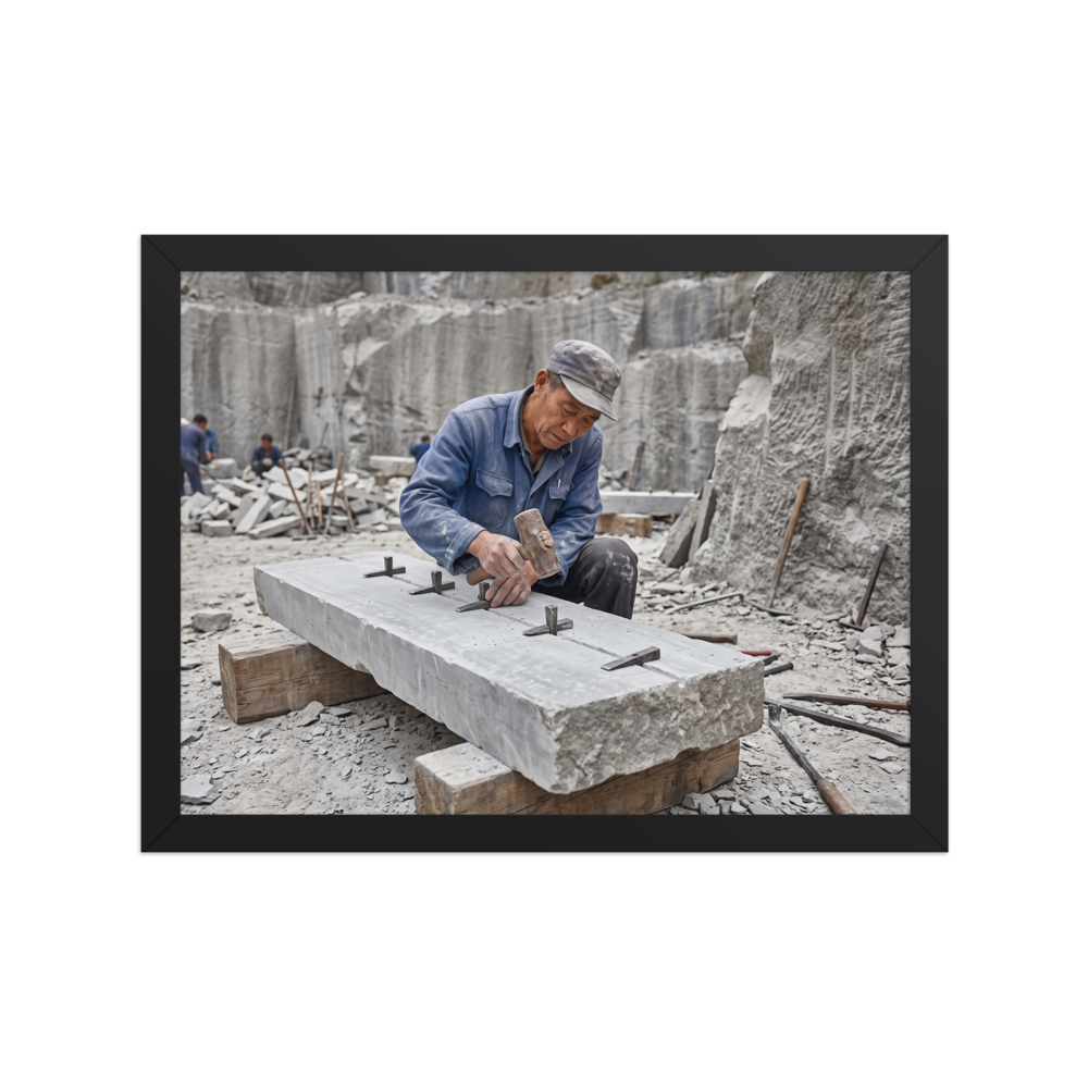 The Art photography print 'Splitting the Stone'. A stonemason splits a granite slab with hammer and wedges in a quarry, offering grounded inspiration for an office.