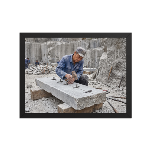 The Art photography print 'Splitting the Stone'. A stonemason splits a granite slab with hammer and wedges in a quarry, offering grounded inspiration for an office.