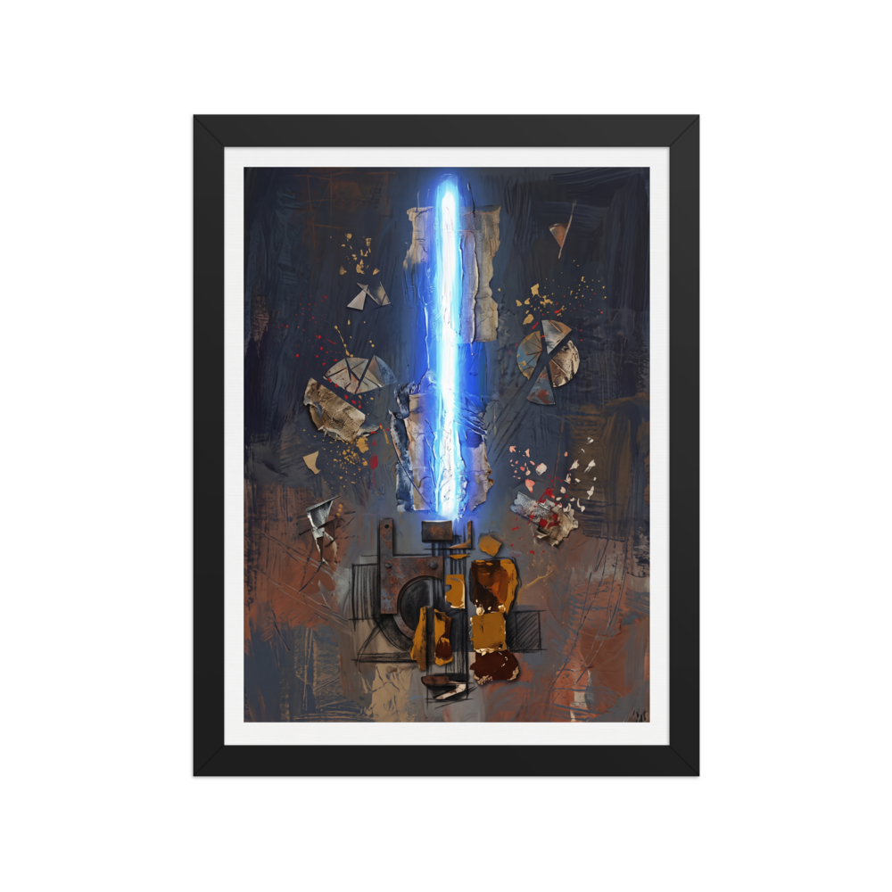 'Rift of Light', Dau-al-Set wall art in blue and brown. An abstract surreal painting depicting a glowing vertical blue beam rising from dark geometric machinery, surrounded by floating metallic debris and gold splatters, perfect for an office.
